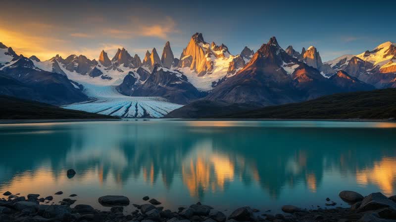 Cordillera patagónica con lago glaciar al atardecer